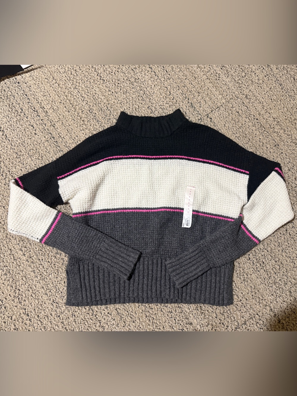 SO Colorblock Turtleneck Sweater - Black, White, Gray with Pink Trim